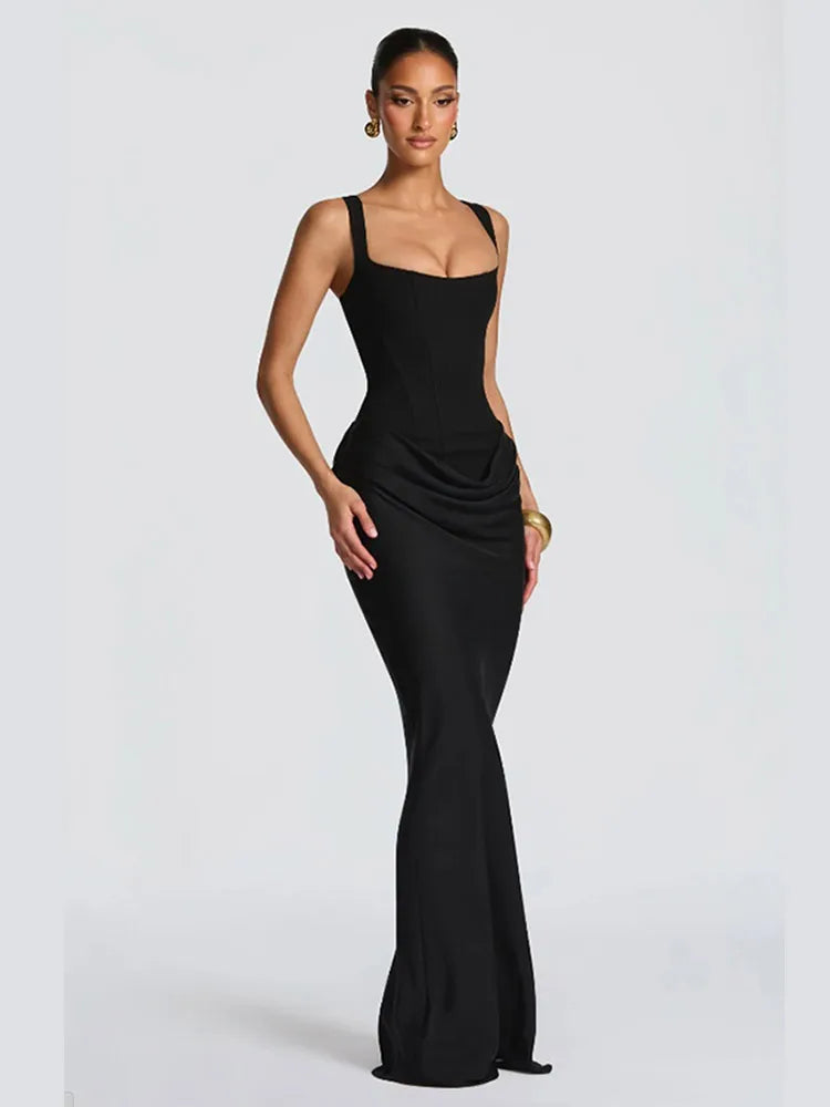 Women's Red Pleated Sling Maxi Dress Square Neck Sleeveless Off-shoulder Waist Cinching Slim Dresses Fashion Evening Party Gowns