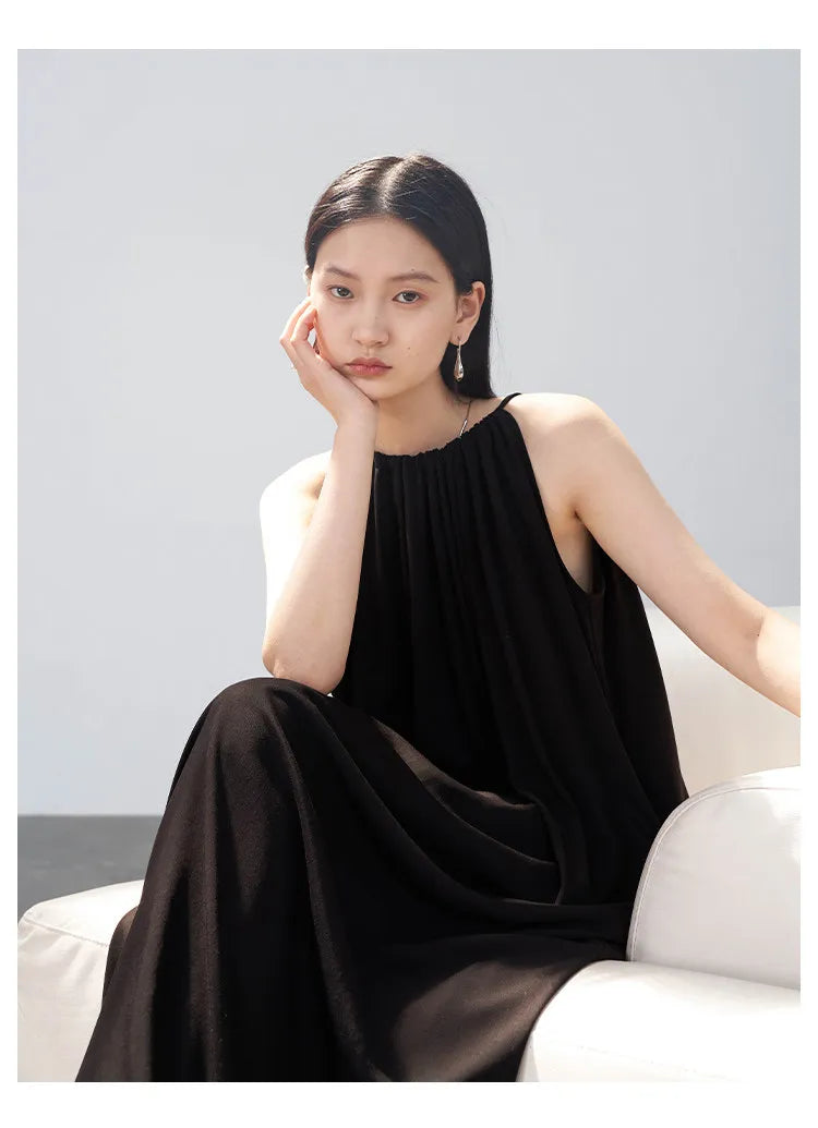 CHIC VEN Women Halter Dress A Line Solid Loose Casual Lace Up Black Sleeveless Holiday Female Long Dress Pullover Summer 2026