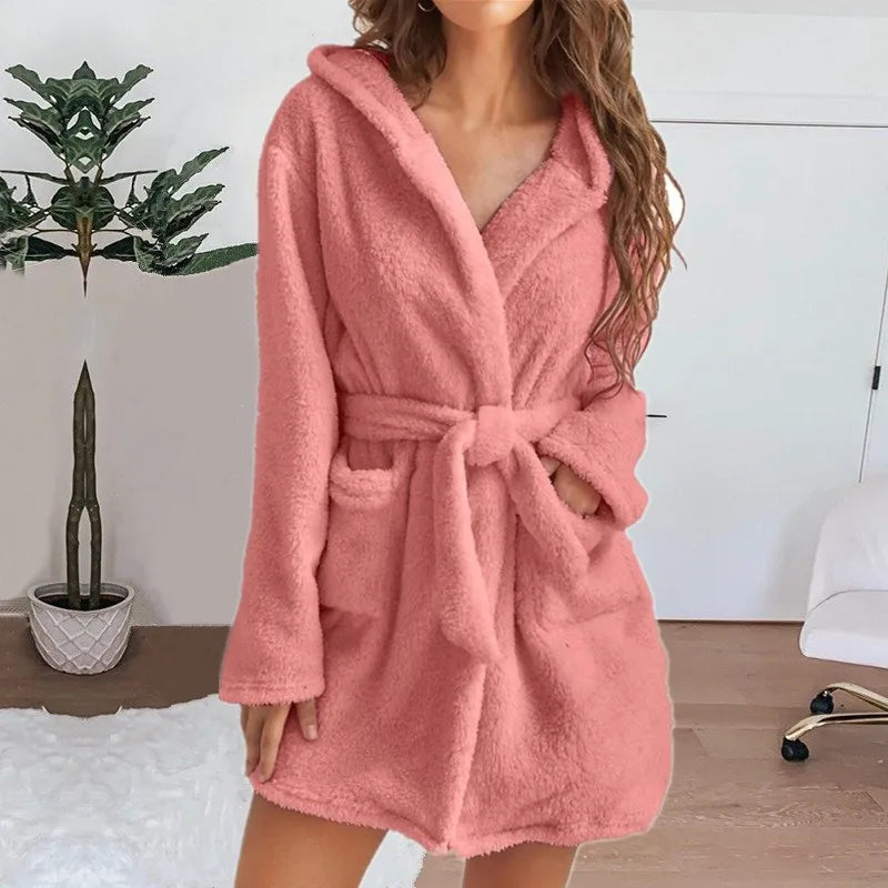 Autumn Winter Women Sexy Bath Robe Fluffy Plush Pyjamas Ladies Hooded Dressing Solid Color Gown Warm Bathrobe Female loungewear