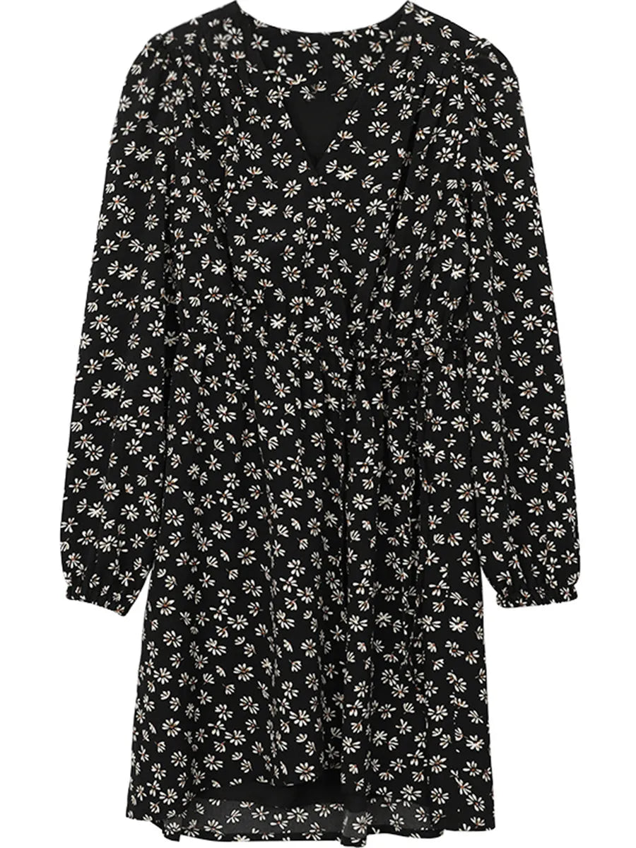 CHIC VEN New Women Dresses Long Sleeved Retro V-neck Black Floral Female Dress Elastic Waisted Lace Up Spring Summer 2026