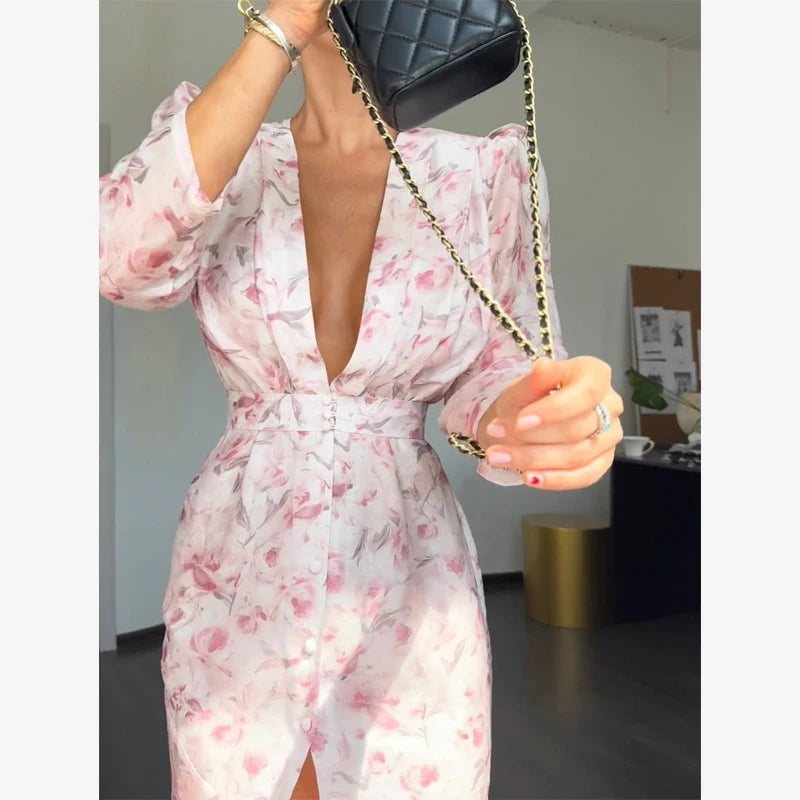 Fashion Organza Floral Printed Maxi Dress V-Neck Puff Sleeve 2026 Spring/Summer Romantic Women Party Gown Elegant Lady Vestido
