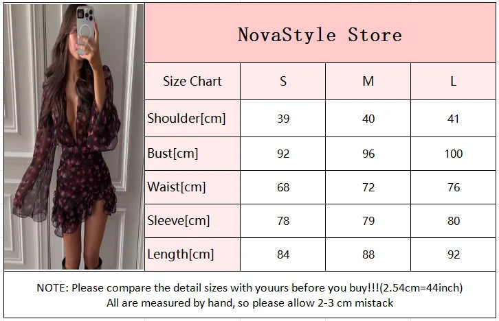 Elegant Flora Painted Ruffle Mini Dress Women Chic Full Sleeve Deep V-neck Slim A-line Dresses 2026 Lady Holiday Street Robe New