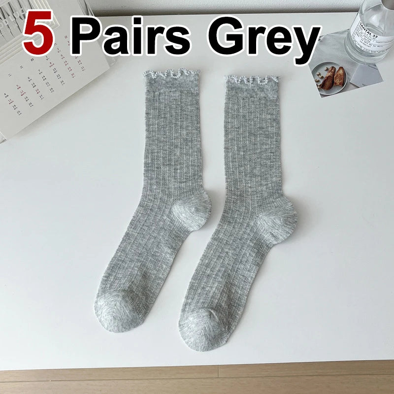 5/10 Pairs Women Solid Color Mesh Mid Tube Socks Summer Lightweight Breathable Fashionable Wavy Edge Ballet Style Casual Socks