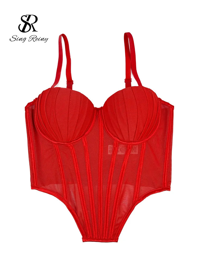 SINGREINY Fashion Solid Corset Lingerie Top Ladies Strap Sheer Mesh Slim Camisole American Retro Backless Beach Sexy Tank Top