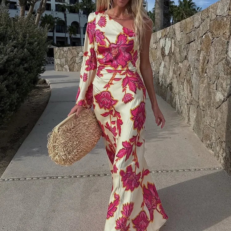 Fashion Satin Printing Sloping Shoulders Dresses Spring Women Single Shoulder Sleeves Dress Autumn High Waist Hip Hugging Dress