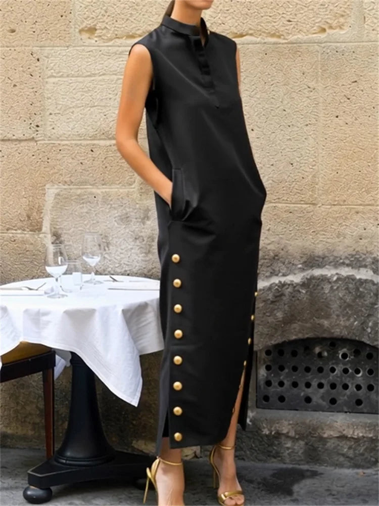 UOOZEE Female Vintage Solid Color Split-Side Stand Collar Party Evening Dresses 2025 New Summer Buttoned Casual Shirts Dress