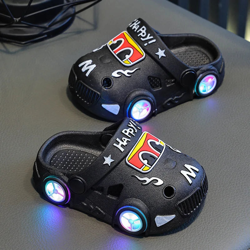 Children's Slippers 2026 Summer New Boys' Car Shaped Wheels Will Light Up Anti Slip Soft Bottom Baby Beach Slippers