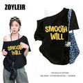 Elegant Summer One Shoulder T Shirt Women Fake Two-piece Oversize Graphic T Shirts Short Sleeve Off Shoulder Top Sport Casual
