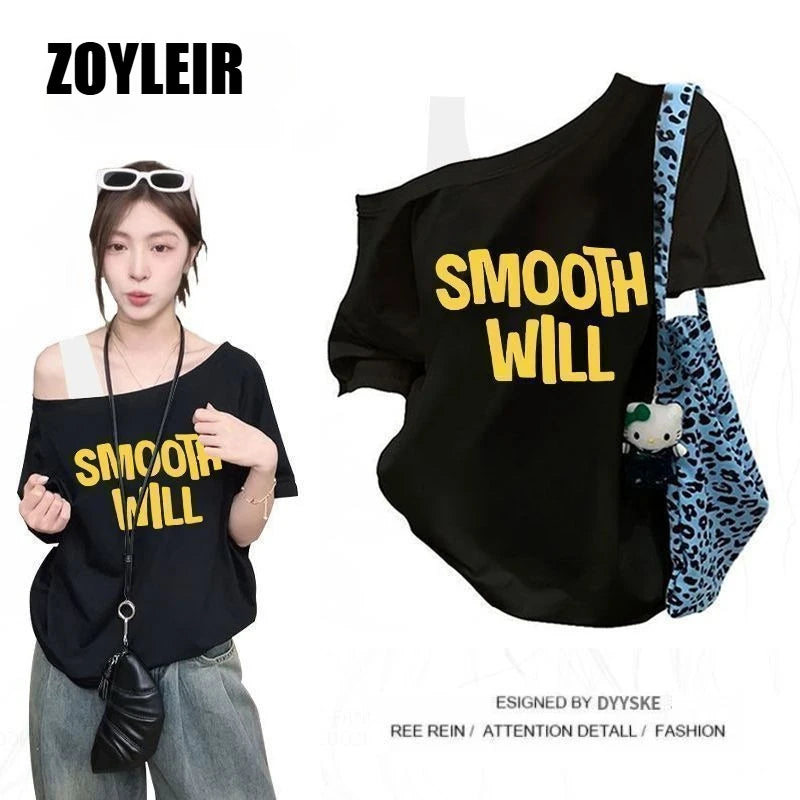 Elegant Summer One Shoulder T Shirt Women Fake Two-piece Oversize Graphic T Shirts Short Sleeve Off Shoulder Top Sport Casual