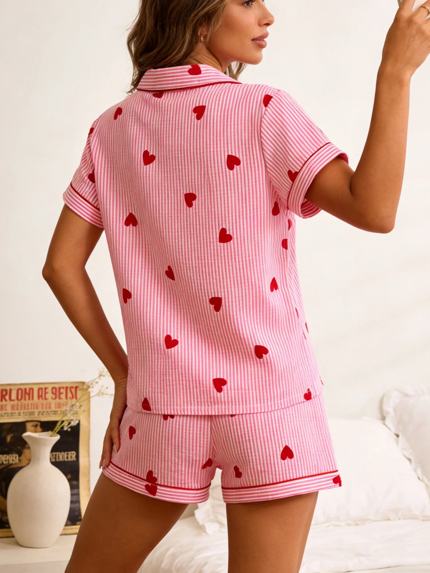Women Pajamas Cardigan Lapel Short Sleeve Shorts Two Piece Set Loungewear Spring Summer Sweet Pink Stripe Red Heart Print Loose