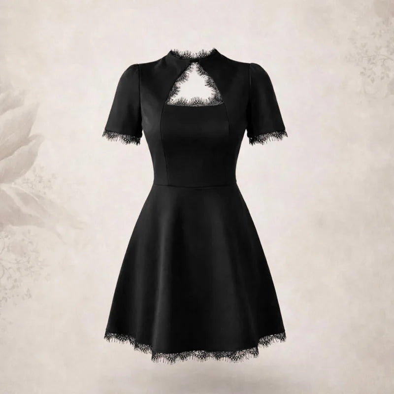 Tossy Black Lace Hollow Out Mini Dress Female Patchwork Short Sleeve Sexy High Waist Party Dress Women's Casual Printed Dress