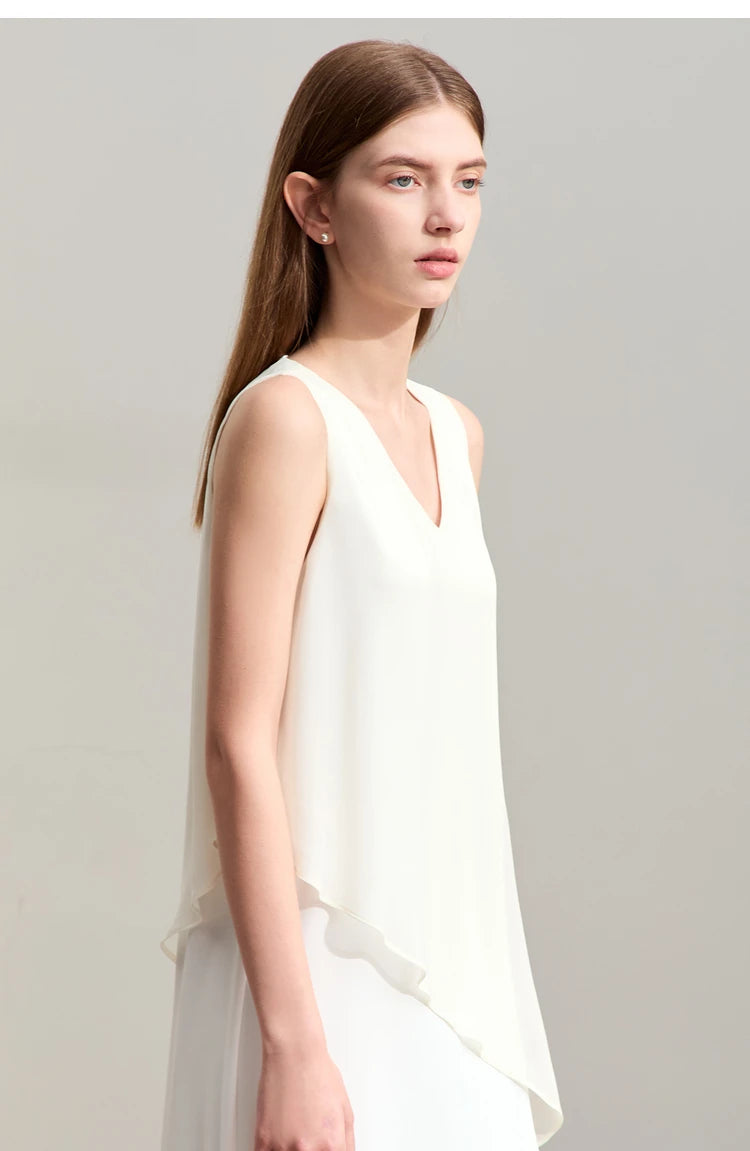 Amii Minimalism 2024 Women Dresses Summer New Vacation Style V-neck Spliced Chiffon Female Sleeveless Loose Dress 12452102