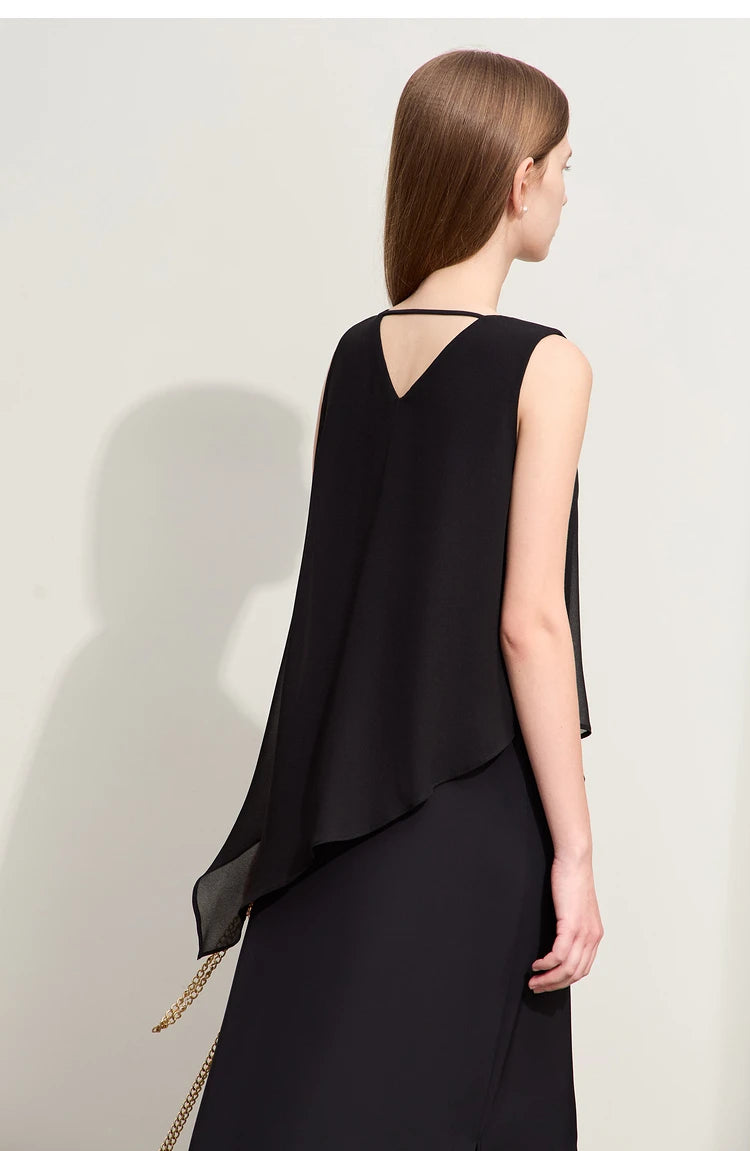 Amii Minimalism 2024 Women Dresses Summer New Vacation Style V-neck Spliced Chiffon Female Sleeveless Loose Dress 12452102