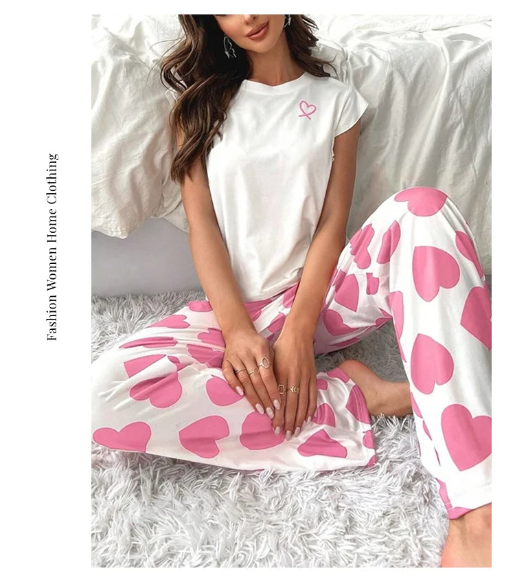 Heart & Letter Printed Womens Pajama Pj Set Soft Short Sleeve Tops & Elastic Waist Pants Pyjama Pijama Femme Casual Home Clothes