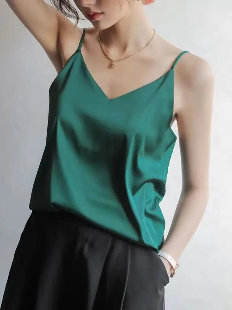 Women Halter V Neck Basic White Cami Spaghetti Strap Top Sleeveless Satin Silk 2026 Tank Tops Women'S Summer Camisole