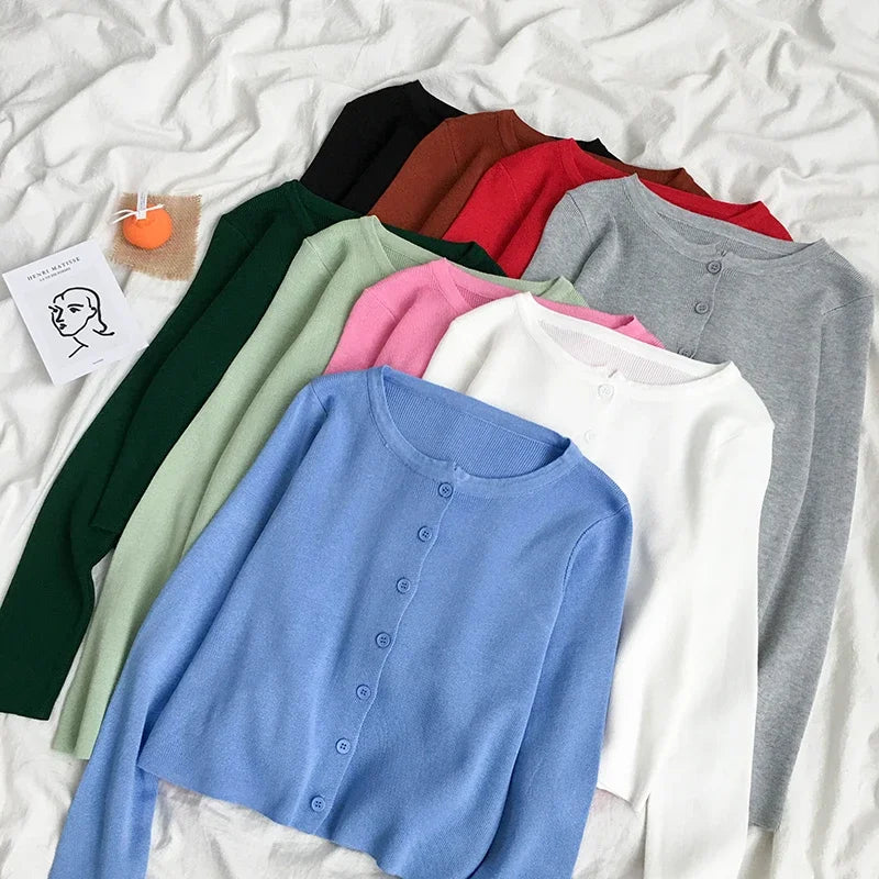 Spring Autumn Knitted Cardigans Women Long Sleeve Buttons Front Vintage Cardgian Top Classic Style Simple Soild Color Chic