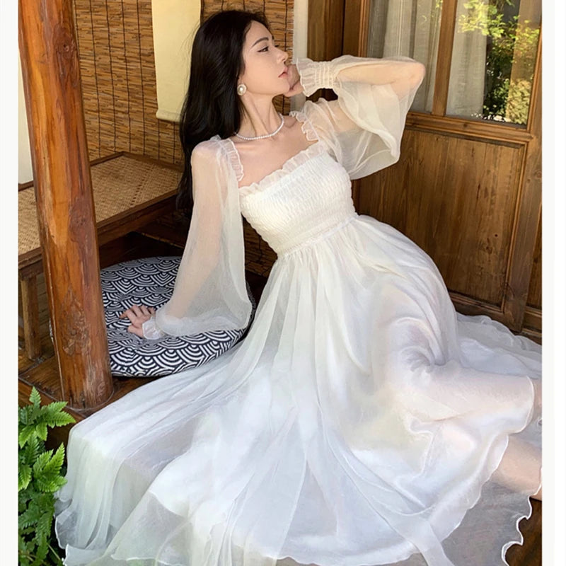 Horetong Elegant Maxi Dresses For Women White Off Shoulder Puff Long Sleeve Elastic High Waist Party Gown Ruffle Holiday Dress