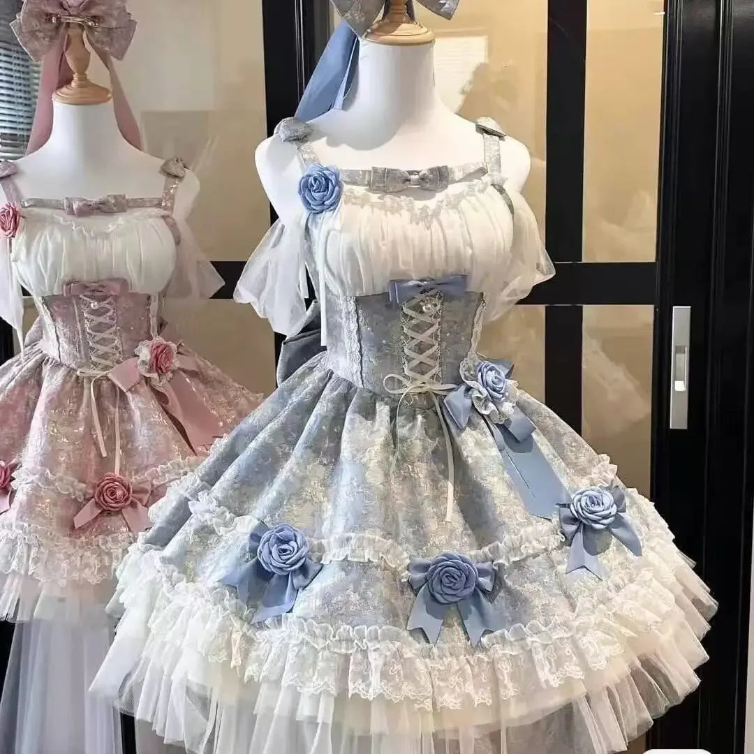 Gothic Red Lolita JSK Dress Women Spaghetti Strap Ruffle Tulle Skirt Chain Bow Decor High Low Hem Vintage Princess Party Dress