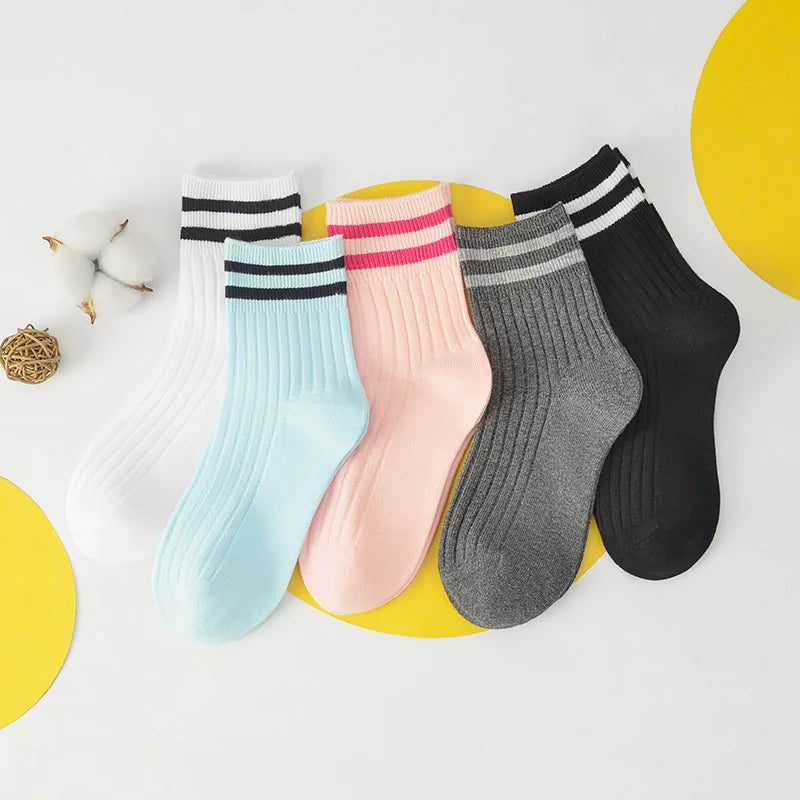 Kids Boys Girls Cotton Socks - Seamless Double Needle Ribbed 2-Stripe, Teens Students All Season School Home Sports Socks