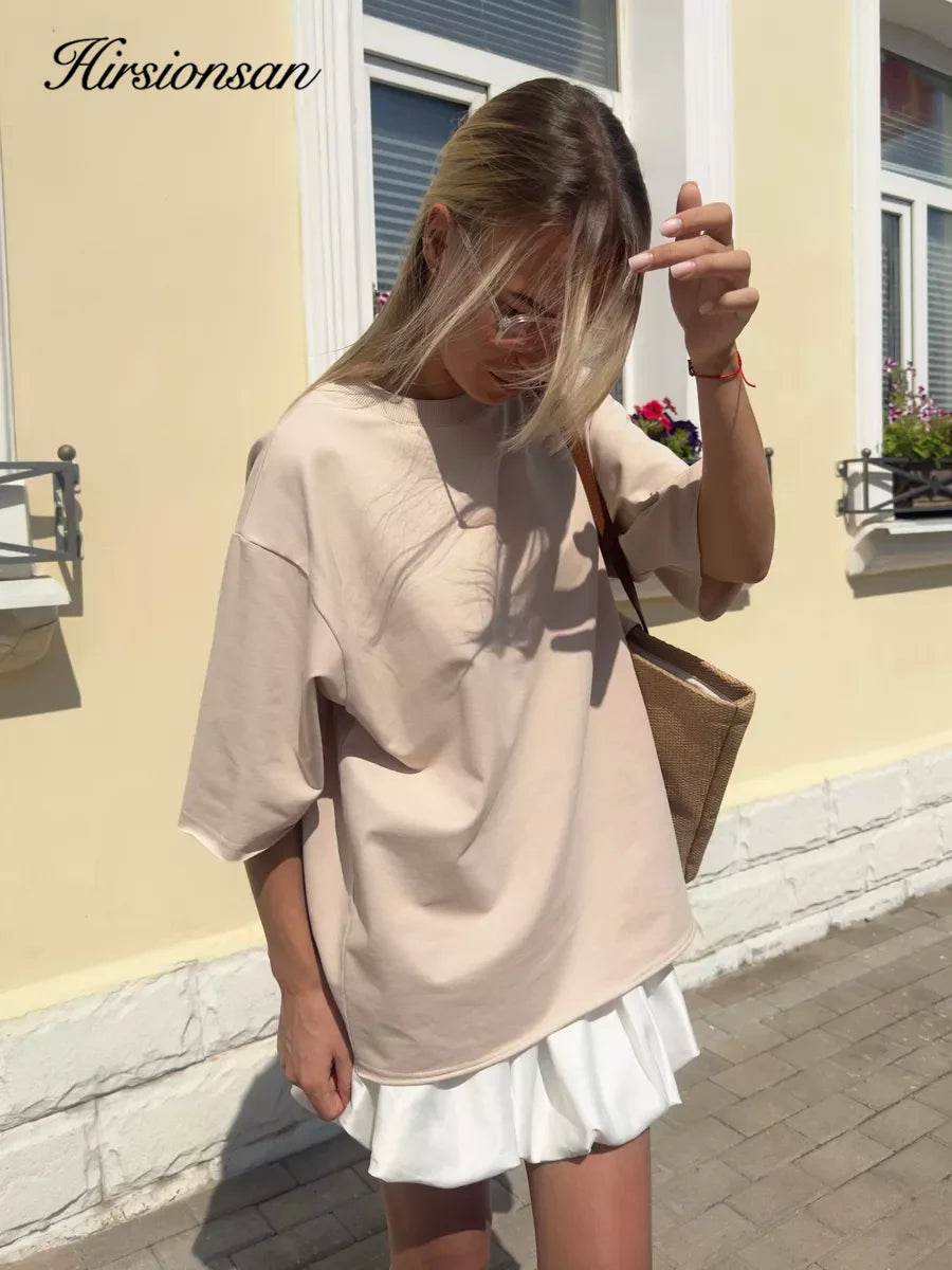 Hirsionsan Summer Casual Oversized T-shirts Women 100% Cotton Pink Loose Tees 2025 New Cusual Solid O Neck Female Aesthetic Tops