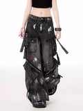 Y2K Harajuku Gothic Multi-Pocket Washed Black Jeans Men And Women 2000s Heavy Industry Drag Pants Street Hip Hop Wide Leg Pants