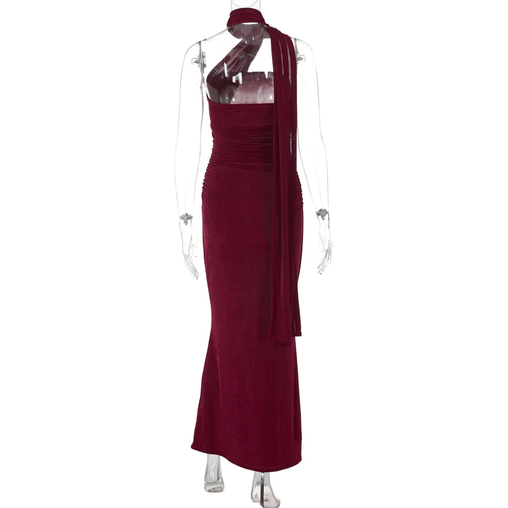 Hugcitar Halter Solid Sleeveless Backless Ruched Sexy Bodycon Maxi Prom Dress Summer Women Elegant Outfit Evening Party Birthday