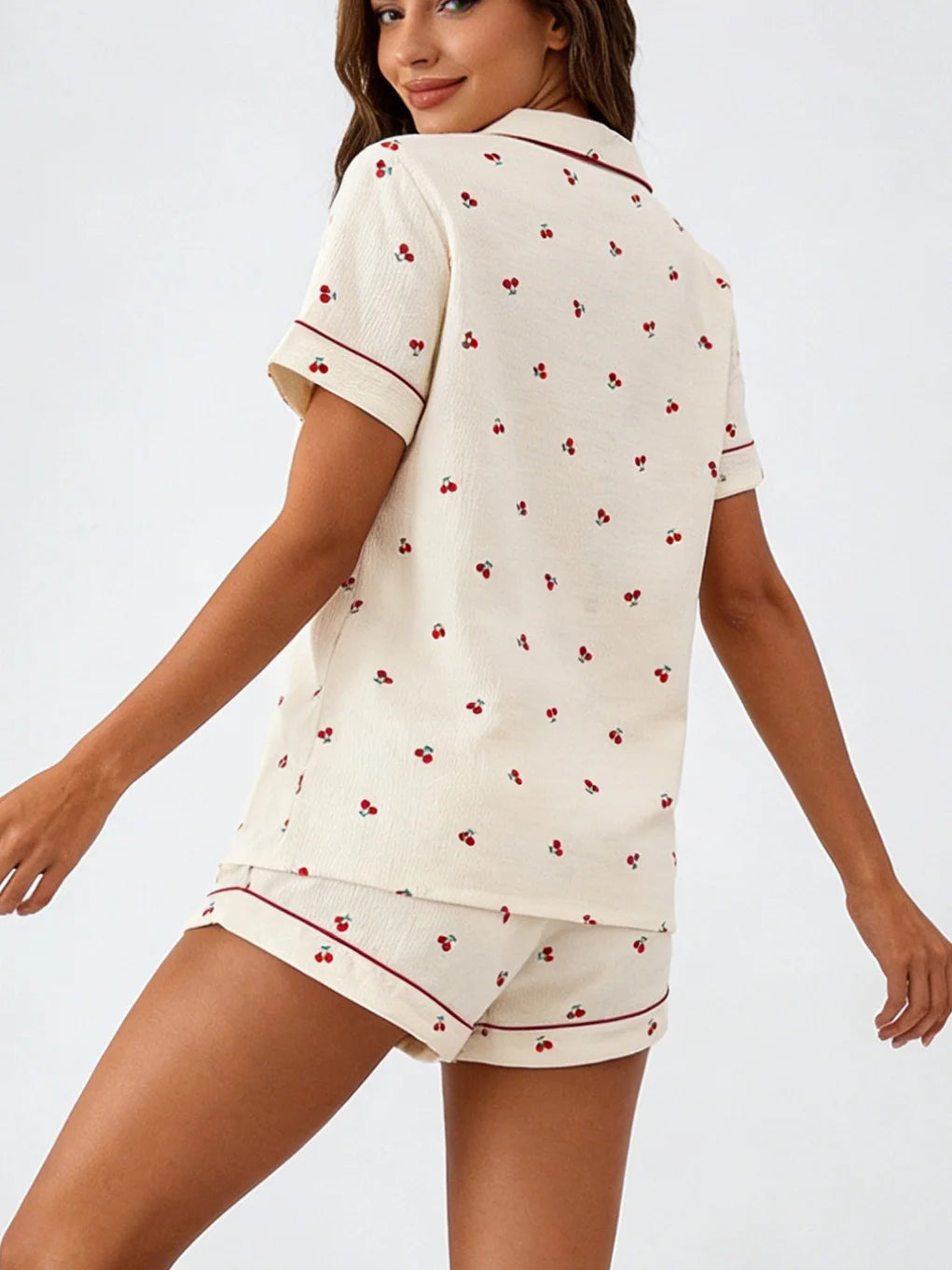 Women Pajamas Cardigan Lapel Short Sleeve Shorts Two Piece Set Loungewear Spring Summer Sweet Cherry Print Beige Background Loos