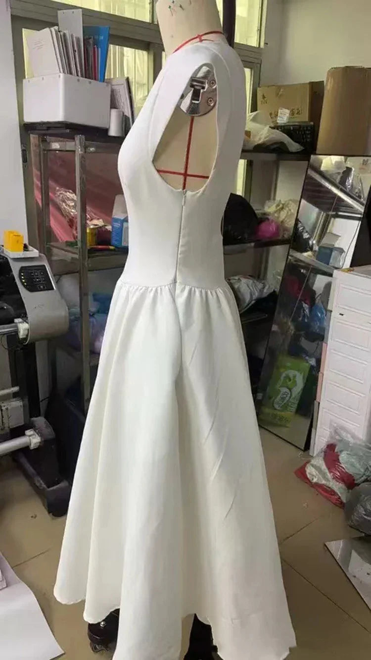 Suninheart Women Circle Cut Out Back Dress Wide Shoulders and Fitted Waist Prom Dress Fluffy Hem Midi Wedding Party Dresses