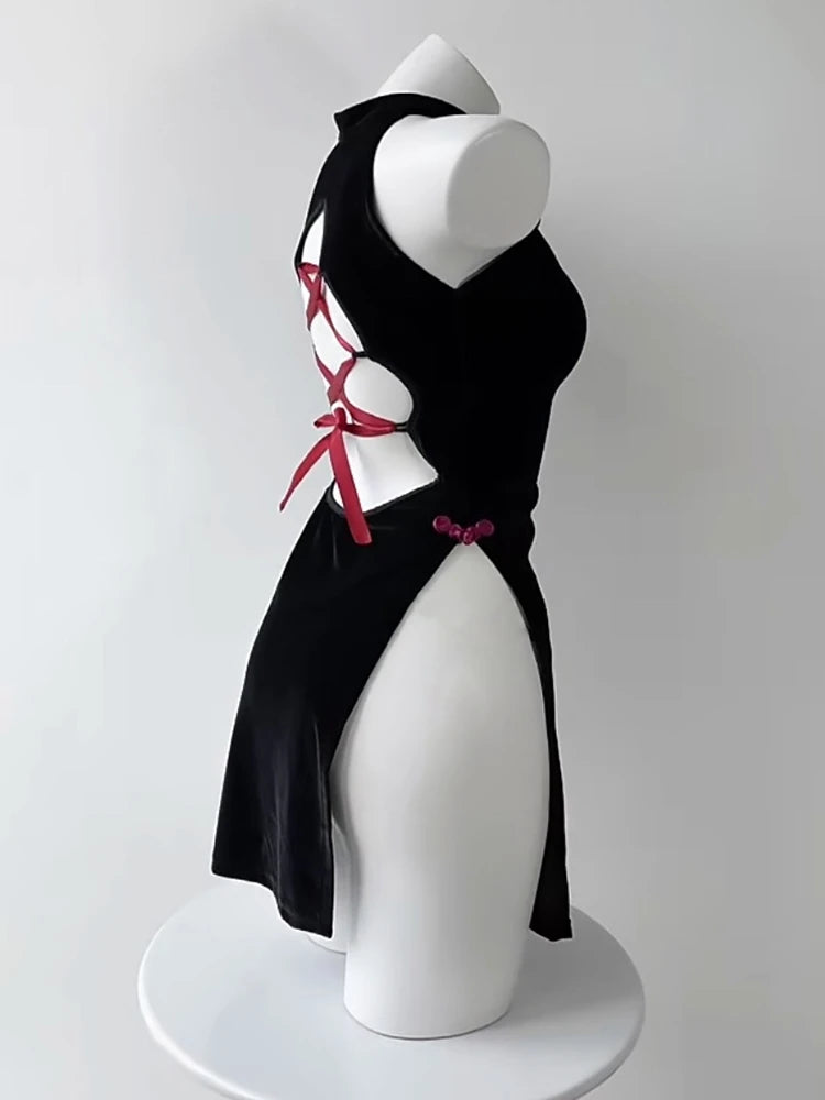 New Year Bar DS Performance Costume Sexy Gogo Leader Outfit Retro Red Black Splittytying Flag Robe Women's Stage Costume