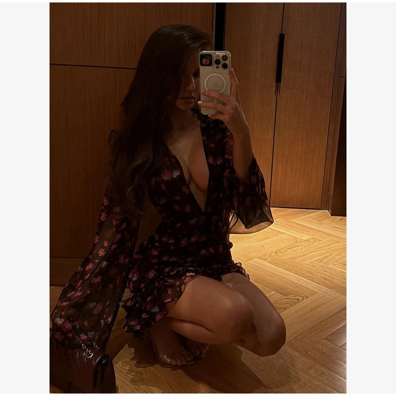 Elegant Flora Painted Ruffle Mini Dress Women Chic Full Sleeve Deep V-neck Slim A-line Dresses 2026 Lady Holiday Street Robe New