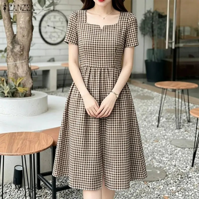 Women Summer Plaid Dress 2026 ZANZEA Elegant Square Neck Short Sleeve Midi Dresses Casual Work Vestidos Stylish Holiday Sundress