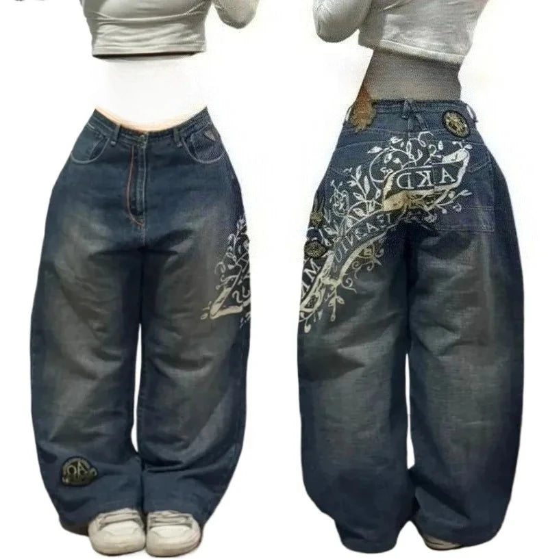 2024 New American Trend Retro Hip-hop Embroidery Pattern Baggy Jeans For Men And Women Y2K Harajuku Gothic Wide Pants Streetwear