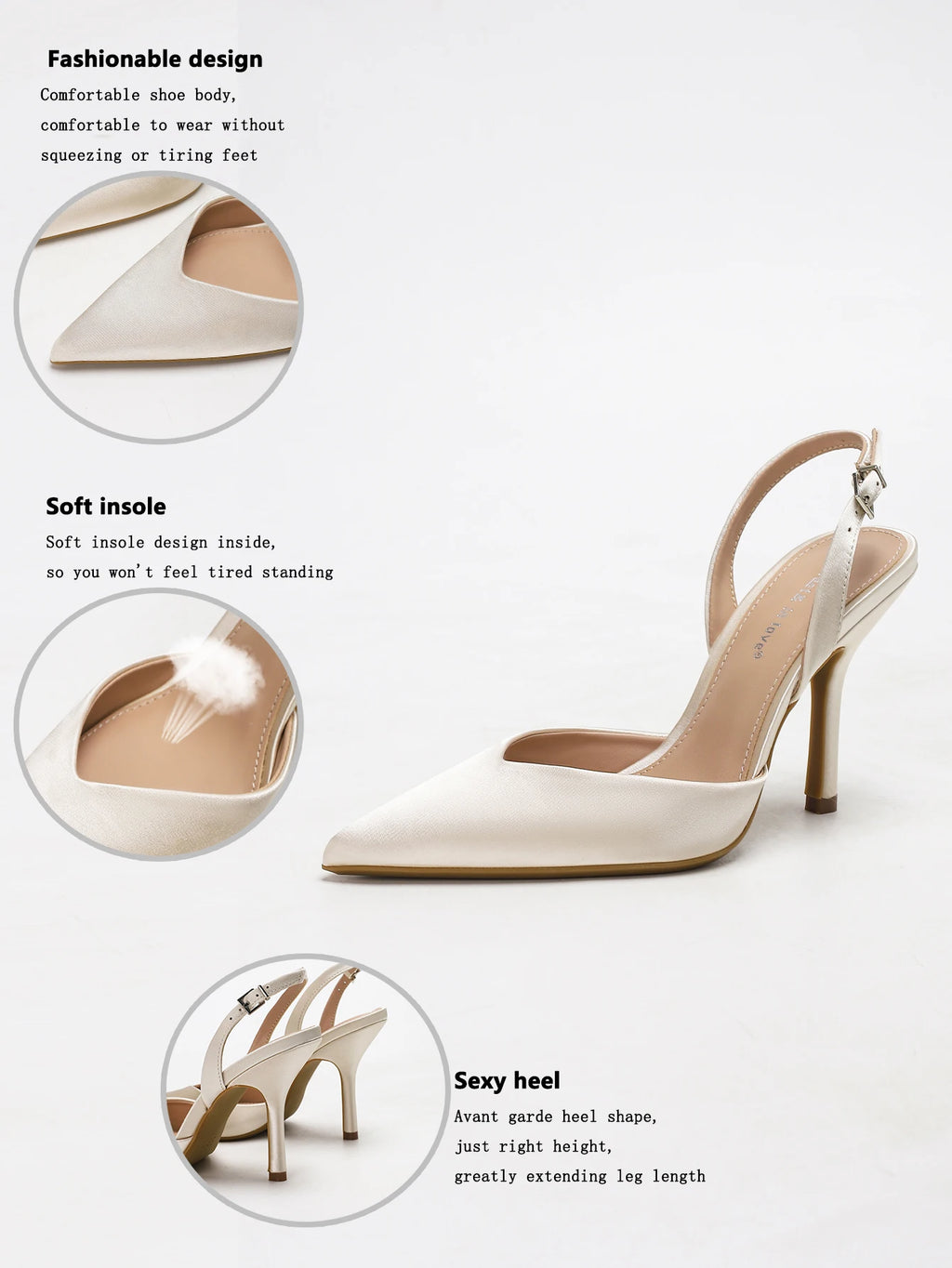 Women's Ivory Satin Pointed-Toe Slingback Heeled Sandals