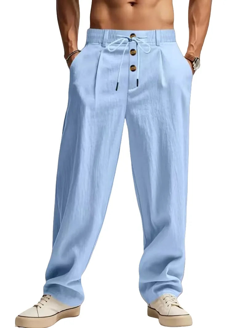 New men's cotton and linen casual breathable pants, fashionable street sport pants, beach and outdoor loose straight pants