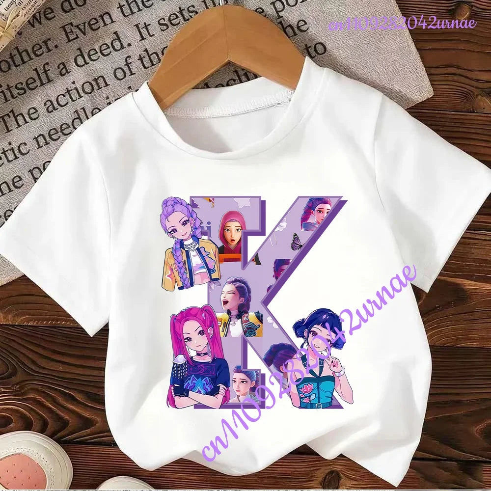 Kpop Demon Hunters Letter A-Z T-shirt Kawaii Rumy Birthday Tops Party Wear Girls Tee Summer Short Sleeve Cotton Kid Clothes