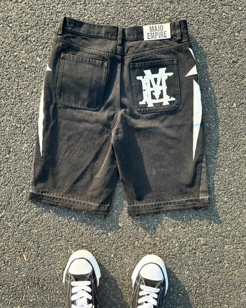 American fashion trend Street style wide-leg Jeans for men Y2k embroidered baggy jeans Goth punk High street casual shorts