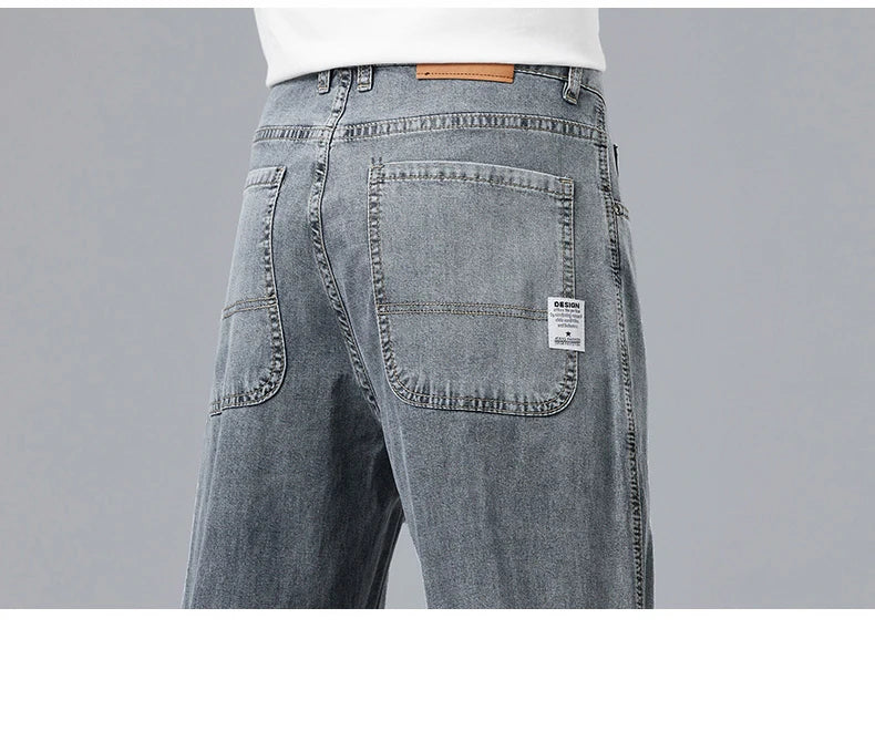 Summer Ultra-thin Lyocell Men's Jeans Drape Soft Fabric Loose Straight Casual Denim Pants Elastic Ice Silk Male Trousers