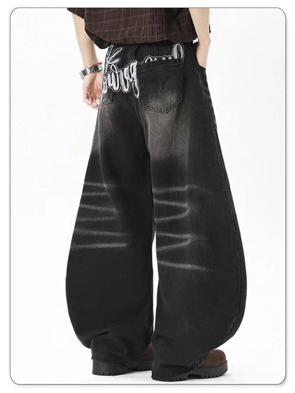 Men's American Retro Black Baggy Machete Wide Leg Jeans Four Seasons Personalized Embroidery Design Unisex Denim Pants Clothes