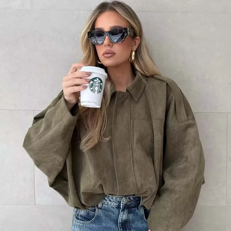 YENKYE New 2025 Women Suede Textured Bomber Jacket Long Sleeve Lapel Collar Loose Coats Casual Female Outerwear Chic Tops