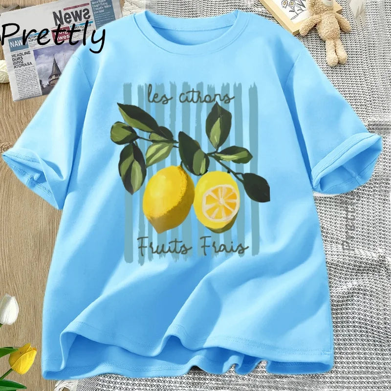 Summer Lemon T-shirt Vintage Cottagecore French T Shirt Cotton Lemon Tee Shirt Vacation Beach Tshirt Casual Short Sleeve Tops