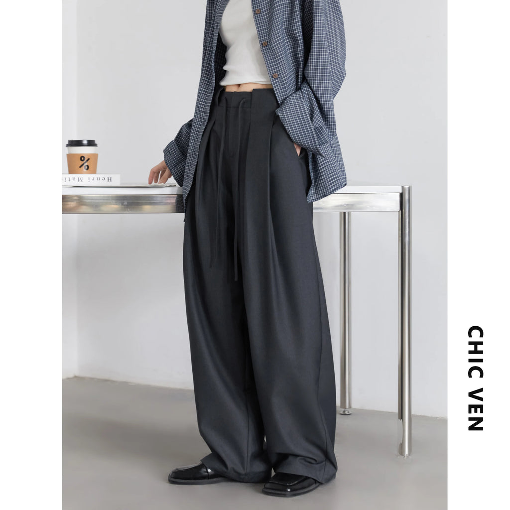 CHIC VEN Women Pants Solid Loose Casual Wide Leg Pant Drawstring Pleated Female Suit Trousers Office Ladies Sping Autumn 2025
