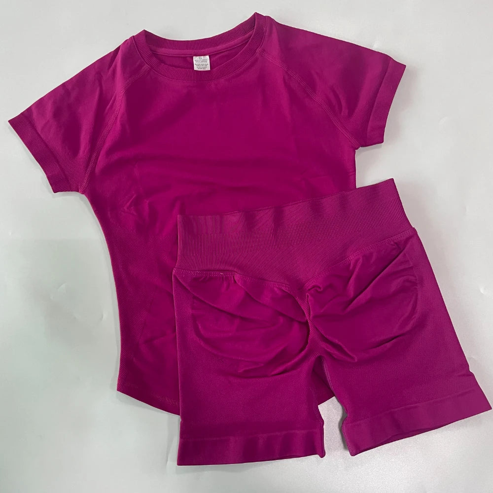 2 Piece Sets Women Outfit Longline Short Sleeve Gym Crop Top High Waist Workout Shorts Sports Suit Fitness Clothes Yoga Set
