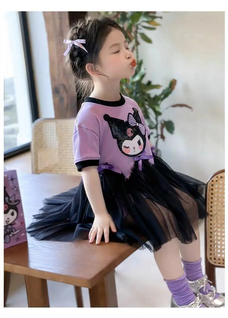 kuromi Princess Style Short Sleeve Dress for Girls Baby Mesh Skirt Summer New Arrival Children's Clothing Casual Daily Skirt