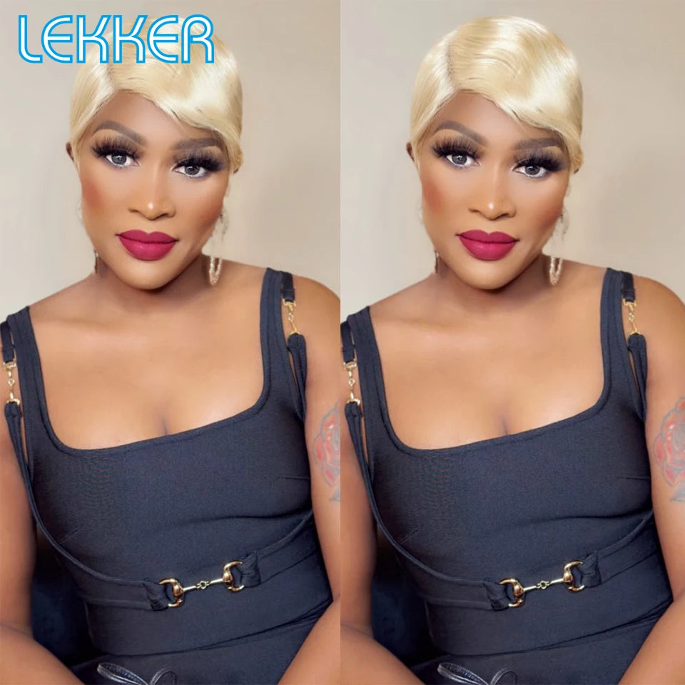 Lekker Black Short Pixie Cut 13X1 C Part Lace Front 100% Human Hair Wigs For Women Glueless Brazilian Remy Hair Straight Wigs