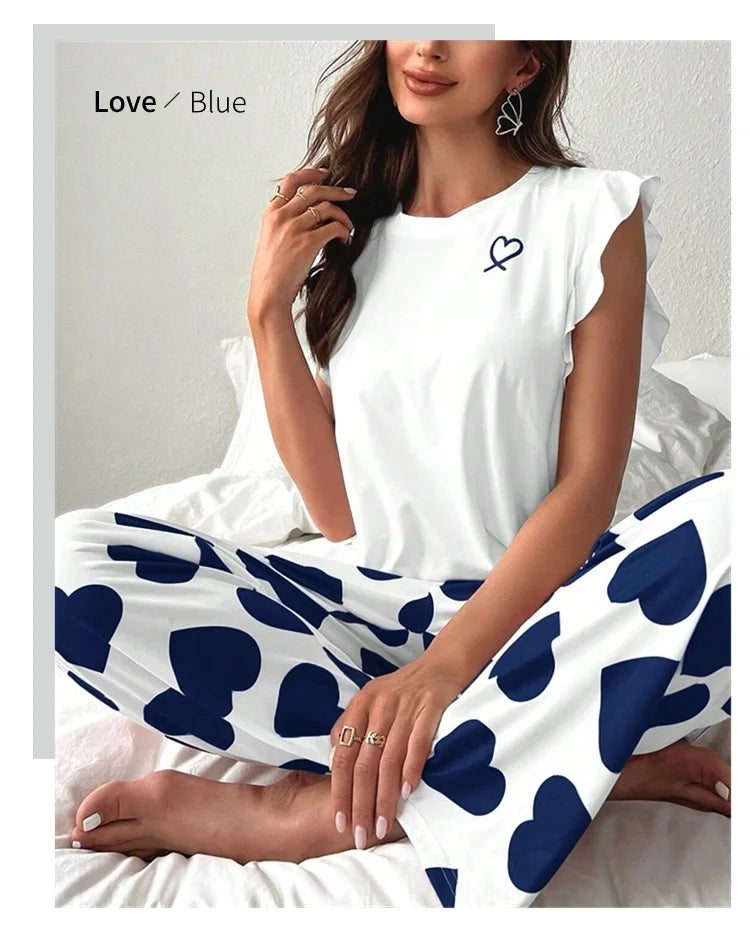Heart & Letter Printed Womens Pajama Pj Set Soft Short Sleeve Tops & Elastic Waist Pants Pyjama Pijama Femme Casual Home Clothes