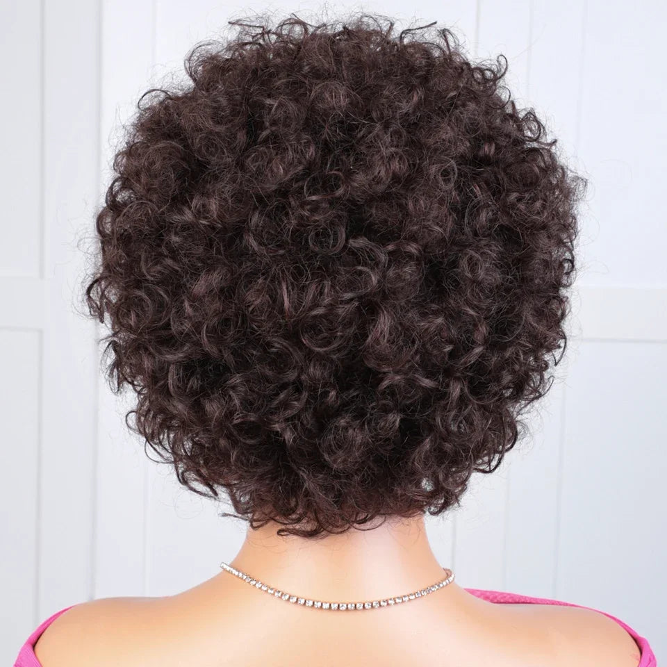Brazilian Short Bob Pixie Afro Kinky Curly Wigs With Bangs For Black Women Natural Brown 99J Full Machine Made Human Hair Wigs