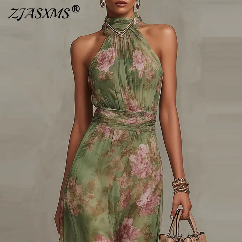Elegant Halter Off Shoulder Hollow Party Dresses Woman Spring Floral Print Chiffon Long Dress Boho Sleeveless Summer Beach Dress