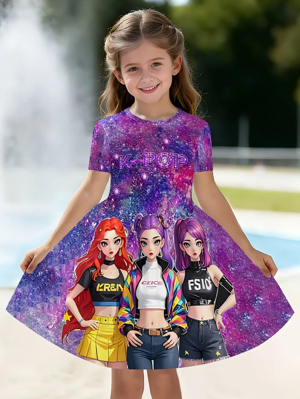 Kpop Cartoon Graphic Dress for Girls Funny Gift for Fan Harajuku Girl Clothes Summer Tops Short Sleeve Dress Children's Clothing