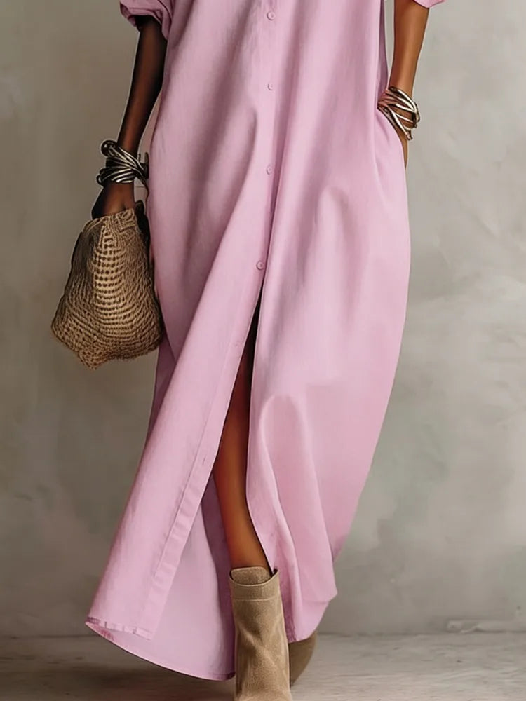 UOOZEE 2026 New Minimalist Solid Color Shirt Dress For Women Long Sleeves Loose Buttoned Pockets Casual Daily Lapel Maxi Dresses