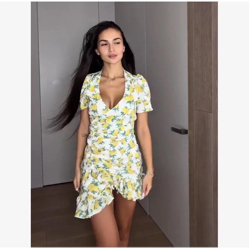 Elegant Floral Printed Mini Dress Women V-neck Short Sleeves Waist-cinching Ruffle Hem Dresses 2026 Lady Summer Vacation Gowns